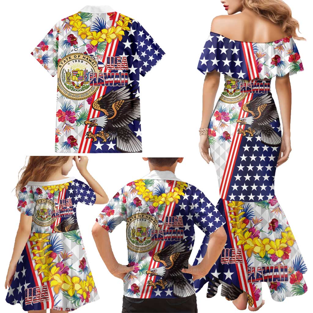 Hawaii and United States Together Family Matching Mermaid Dress and Hawaiian Shirt Seal of Hawaii and Bald Eagle - Wonder Print Shop