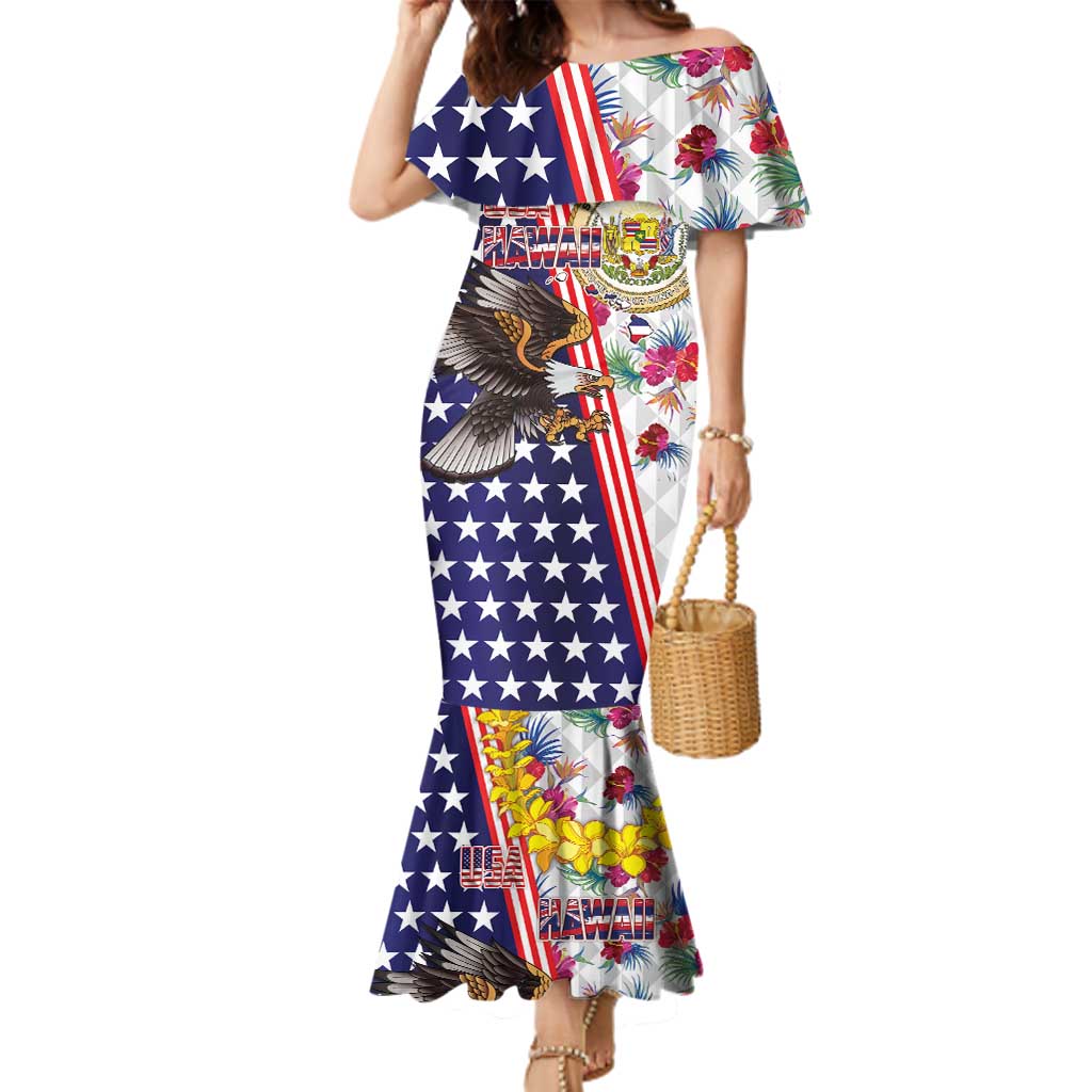 Hawaii and United States Together Family Matching Mermaid Dress and Hawaiian Shirt Seal of Hawaii and Bald Eagle - Wonder Print Shop