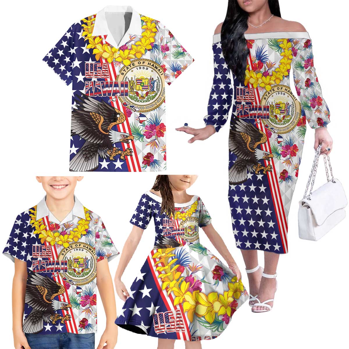 Hawaii and United States Together Family Matching Off The Shoulder Long Sleeve Dress and Hawaiian Shirt Seal of Hawaii and Bald Eagle - Wonder Print Shop