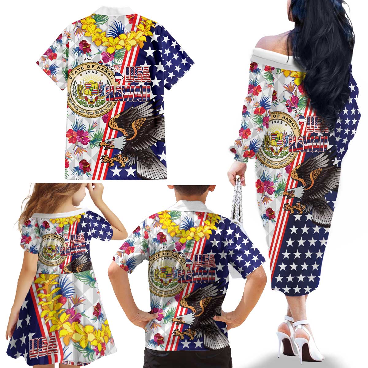Hawaii and United States Together Family Matching Off The Shoulder Long Sleeve Dress and Hawaiian Shirt Seal of Hawaii and Bald Eagle - Wonder Print Shop