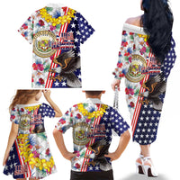 Hawaii and United States Together Family Matching Off The Shoulder Long Sleeve Dress and Hawaiian Shirt Seal of Hawaii and Bald Eagle - Wonder Print Shop