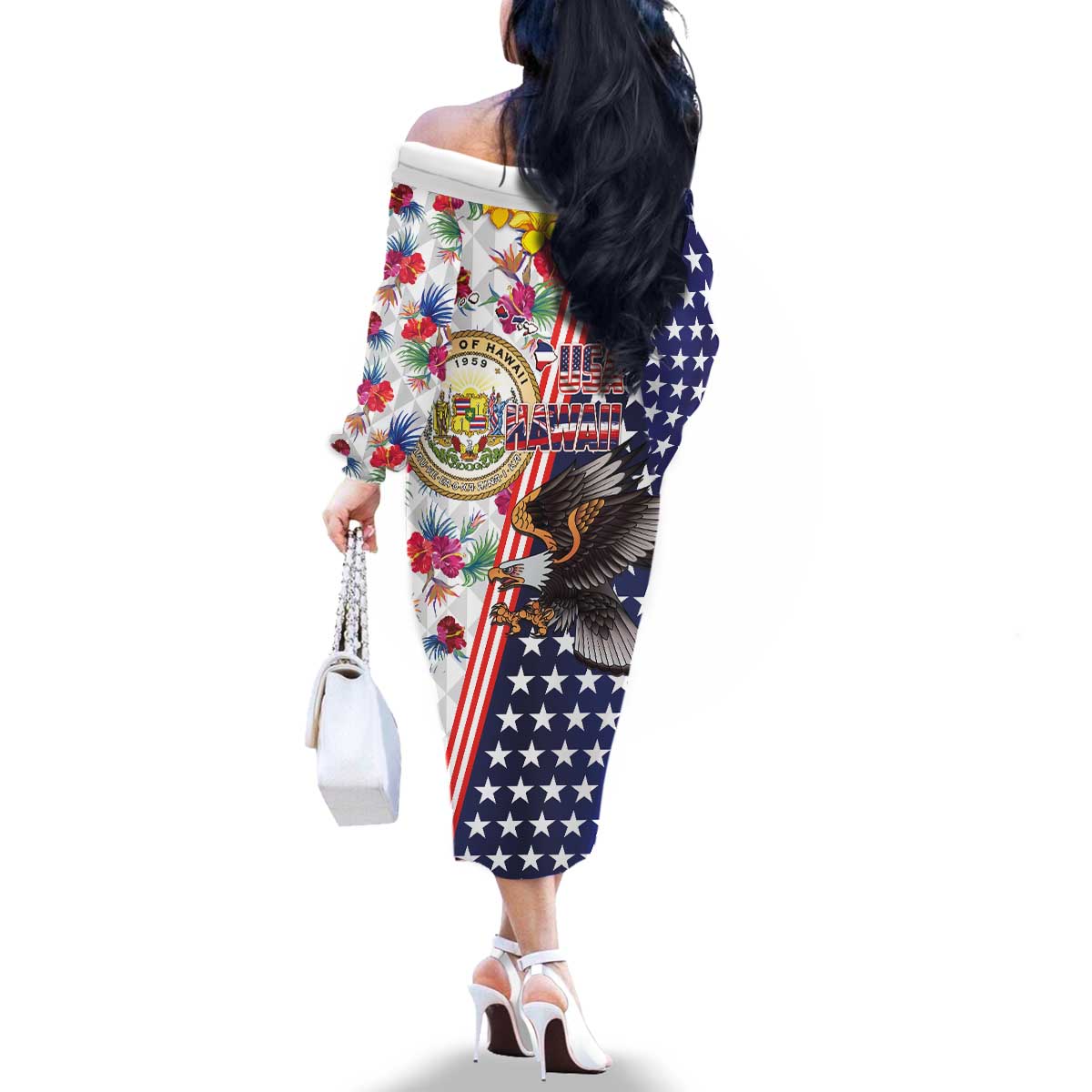 Hawaii and United States Together Family Matching Off The Shoulder Long Sleeve Dress and Hawaiian Shirt Seal of Hawaii and Bald Eagle - Wonder Print Shop