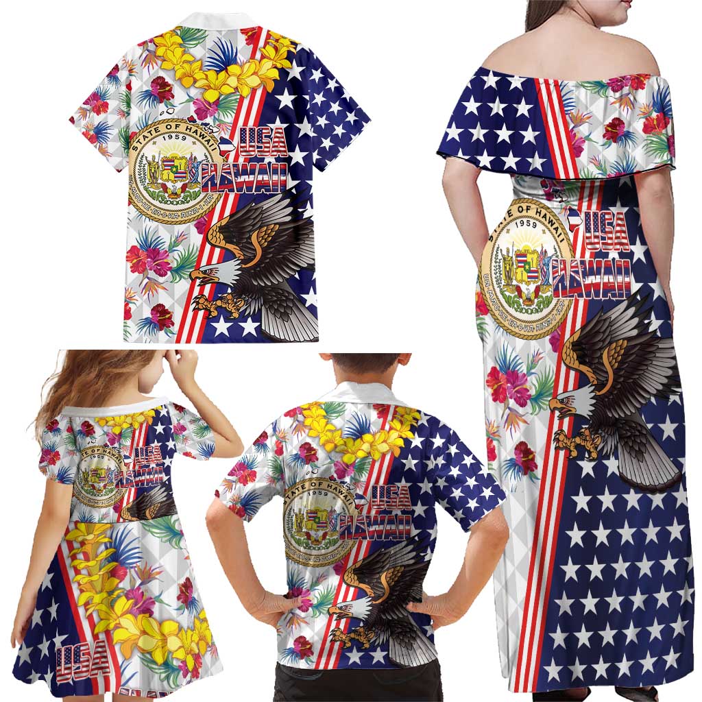 Hawaii and United States Together Family Matching Off Shoulder Maxi Dress and Hawaiian Shirt Seal of Hawaii and Bald Eagle - Wonder Print Shop