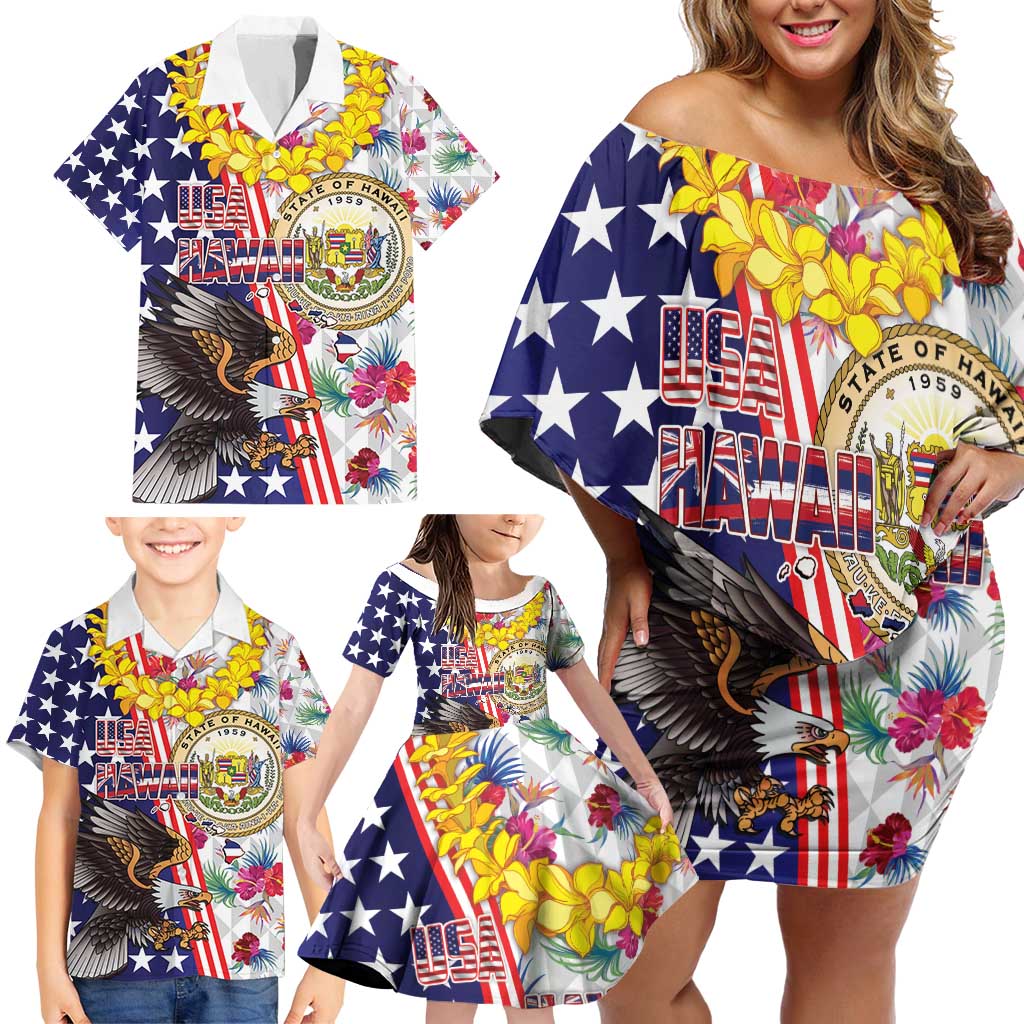 Hawaii and United States Together Family Matching Off Shoulder Short Dress and Hawaiian Shirt Seal of Hawaii and Bald Eagle - Wonder Print Shop