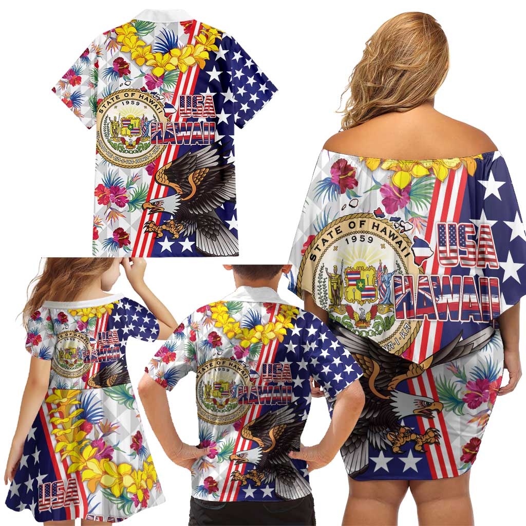 Hawaii and United States Together Family Matching Off Shoulder Short Dress and Hawaiian Shirt Seal of Hawaii and Bald Eagle - Wonder Print Shop