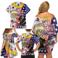 Hawaii and United States Together Family Matching Off Shoulder Short Dress and Hawaiian Shirt Seal of Hawaii and Bald Eagle - Wonder Print Shop