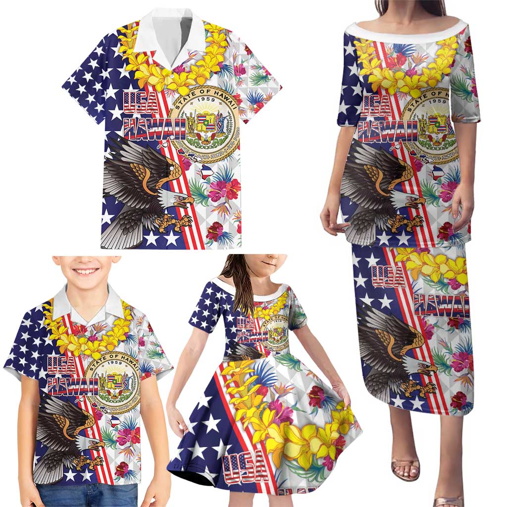 Hawaii and United States Together Family Matching Puletasi and Hawaiian Shirt Seal of Hawaii and Bald Eagle - Wonder Print Shop