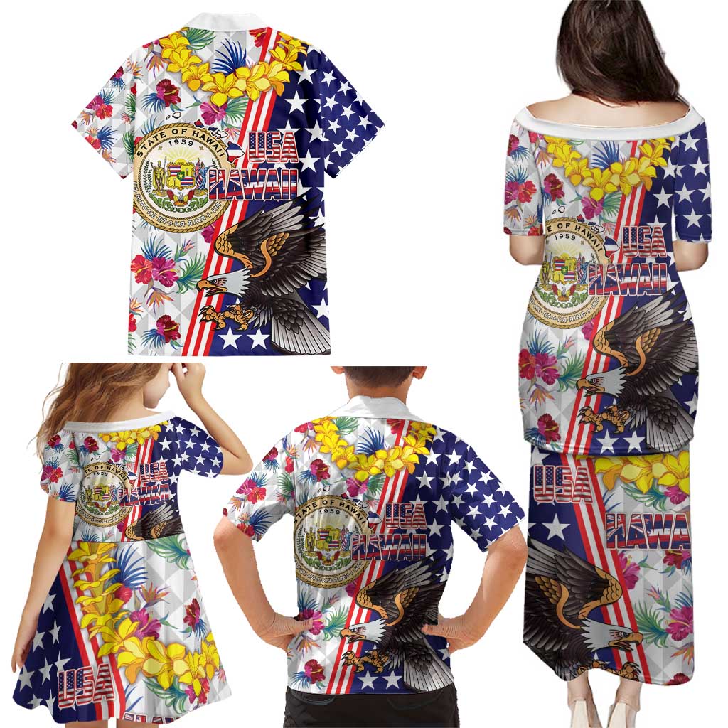 Hawaii and United States Together Family Matching Puletasi and Hawaiian Shirt Seal of Hawaii and Bald Eagle - Wonder Print Shop