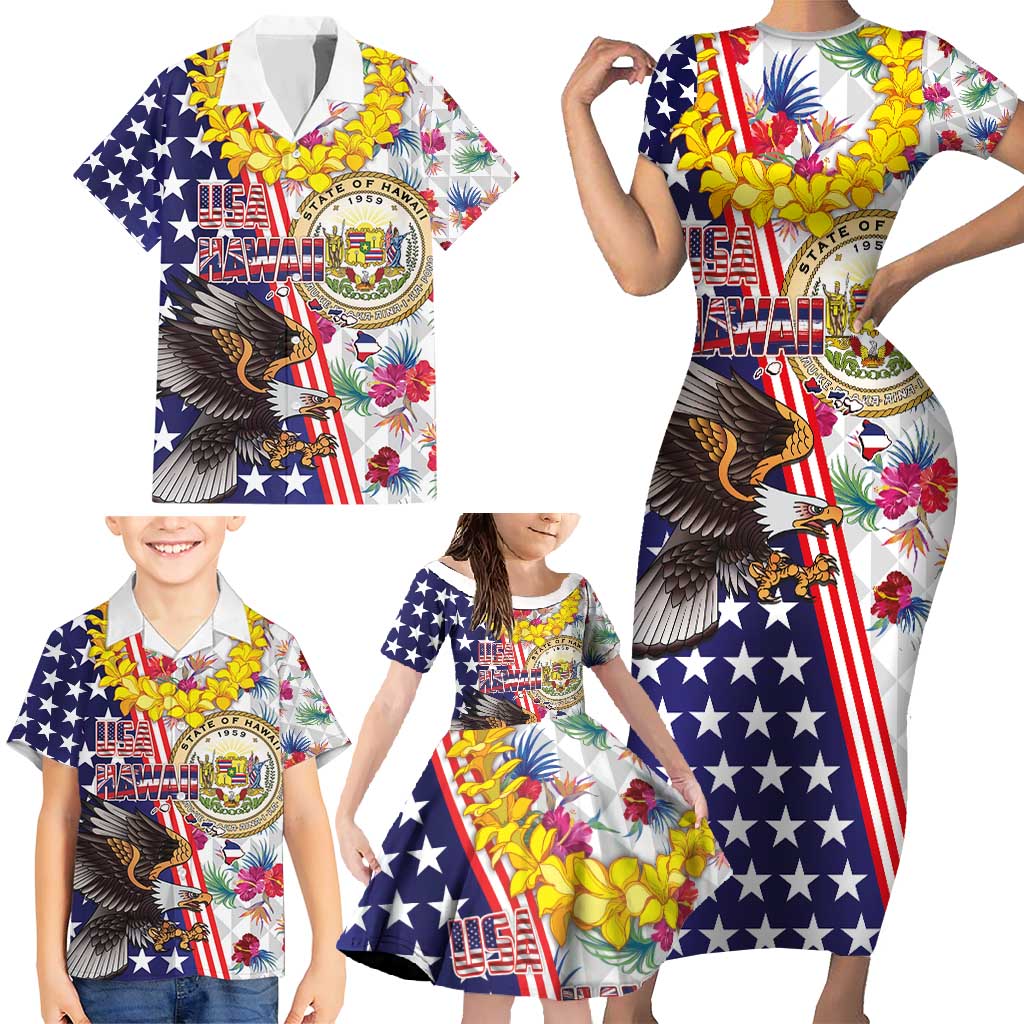 Hawaii and United States Together Family Matching Short Sleeve Bodycon Dress and Hawaiian Shirt Seal of Hawaii and Bald Eagle - Wonder Print Shop