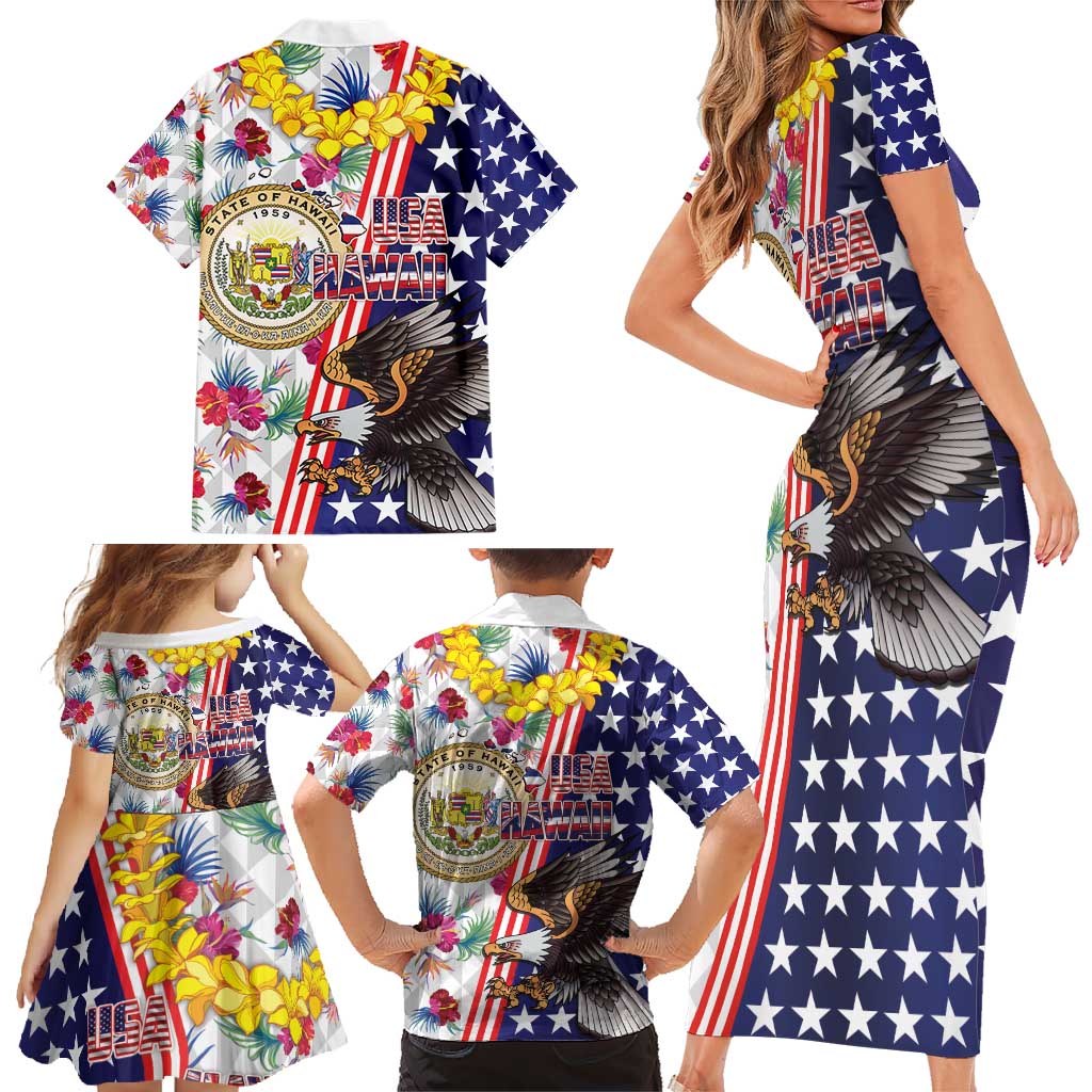 Hawaii and United States Together Family Matching Short Sleeve Bodycon Dress and Hawaiian Shirt Seal of Hawaii and Bald Eagle - Wonder Print Shop