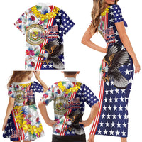 Hawaii and United States Together Family Matching Short Sleeve Bodycon Dress and Hawaiian Shirt Seal of Hawaii and Bald Eagle - Wonder Print Shop