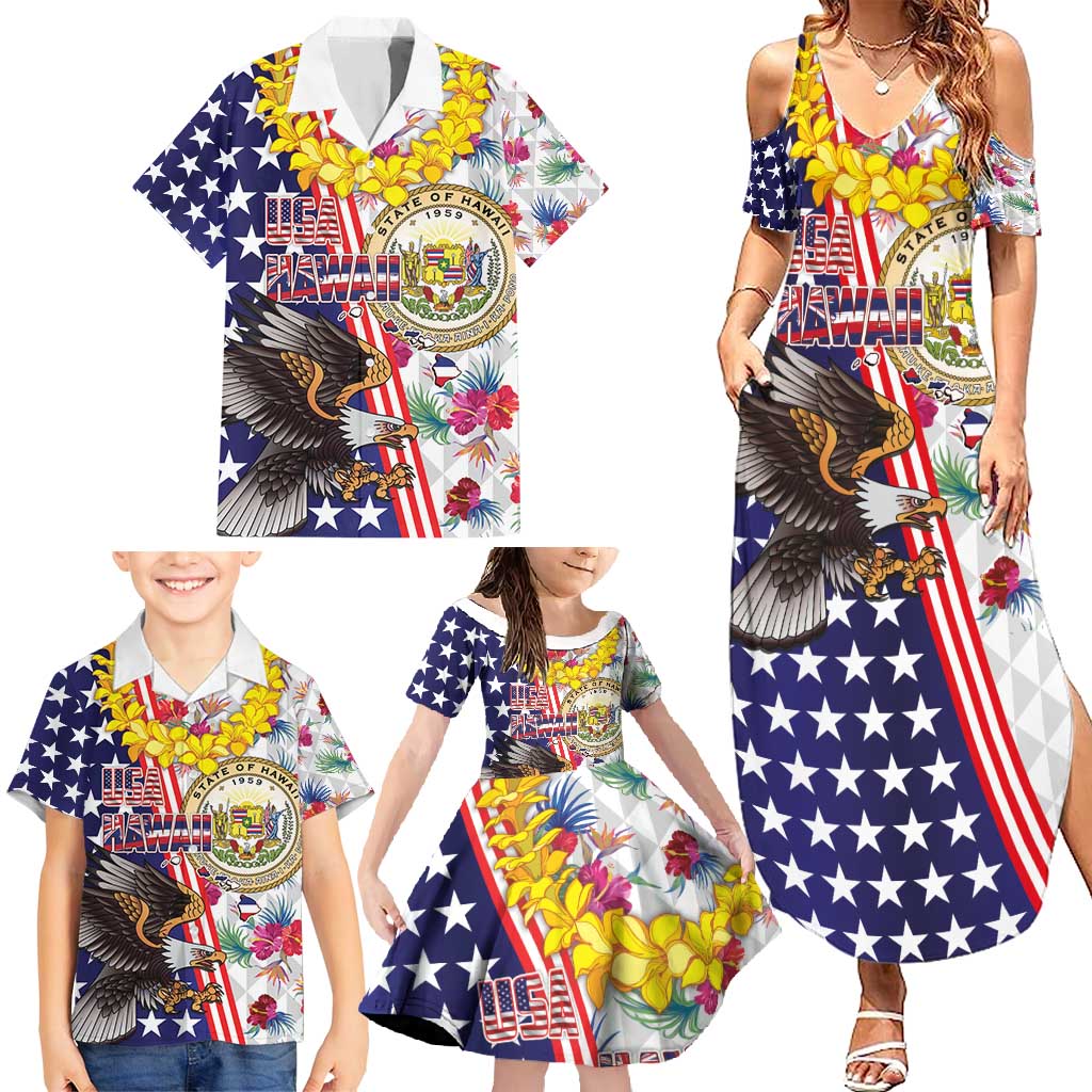 Hawaii and United States Together Family Matching Summer Maxi Dress and Hawaiian Shirt Seal of Hawaii and Bald Eagle - Wonder Print Shop