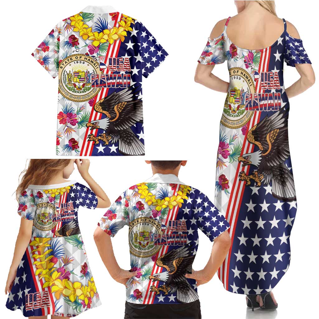 Hawaii and United States Together Family Matching Summer Maxi Dress and Hawaiian Shirt Seal of Hawaii and Bald Eagle - Wonder Print Shop