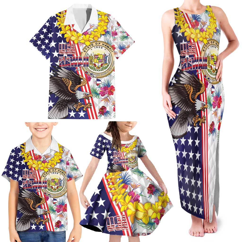 Hawaii and United States Together Family Matching Tank Maxi Dress and Hawaiian Shirt Seal of Hawaii and Bald Eagle - Wonder Print Shop