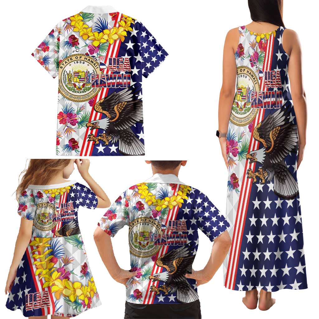 Hawaii and United States Together Family Matching Tank Maxi Dress and Hawaiian Shirt Seal of Hawaii and Bald Eagle - Wonder Print Shop
