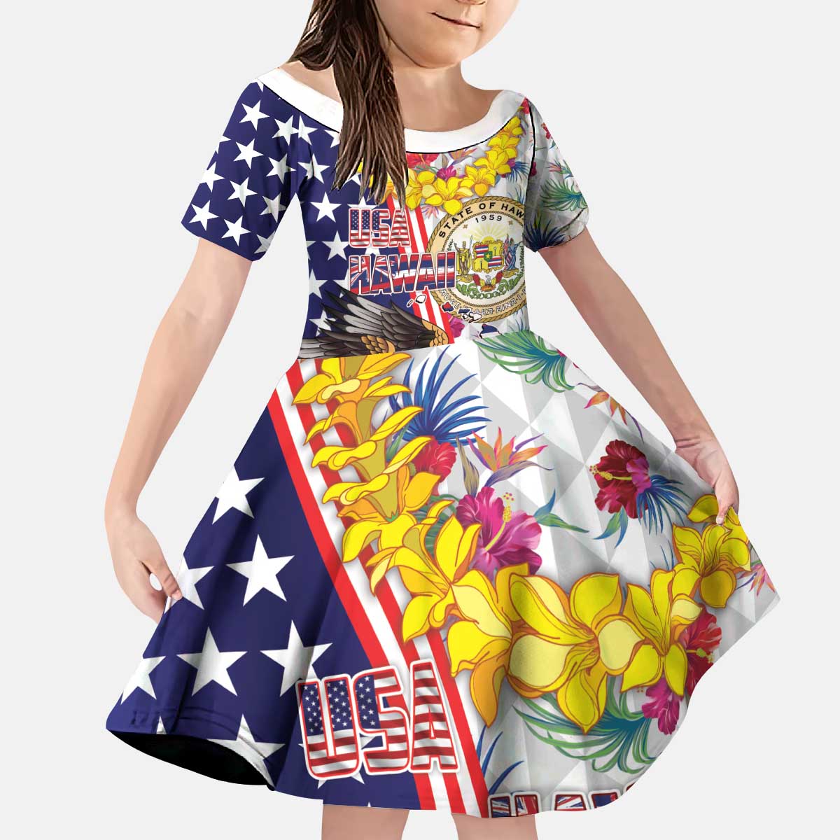 Hawaii and United States Together Kid Short Sleeve Dress Seal of Hawaii and Bald Eagle - Wonder Print Shop