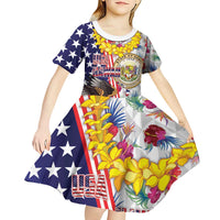 Hawaii and United States Together Kid Short Sleeve Dress Seal of Hawaii and Bald Eagle - Wonder Print Shop