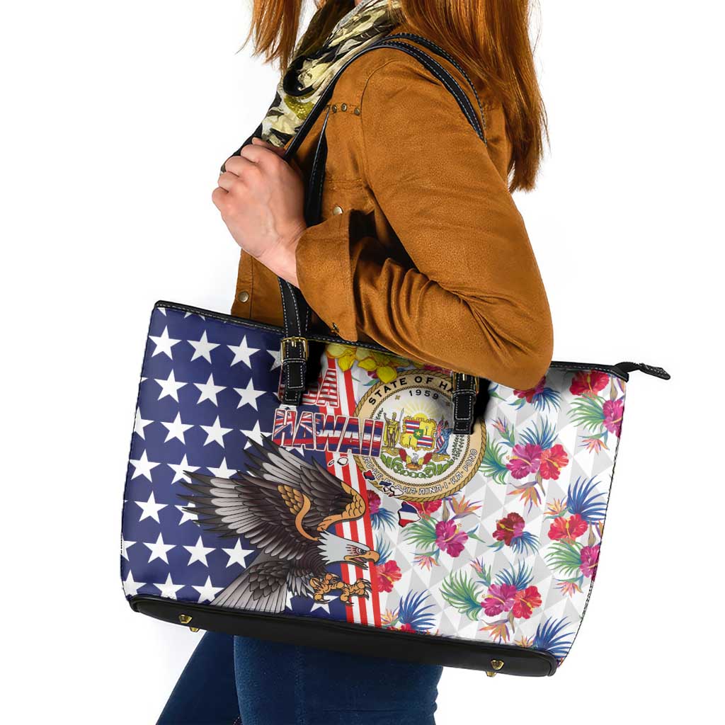Hawaii and United States Together Leather Tote Bag Seal of Hawaii and Bald Eagle - Wonder Print Shop