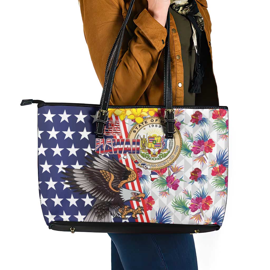 Hawaii and United States Together Leather Tote Bag Seal of Hawaii and Bald Eagle - Wonder Print Shop