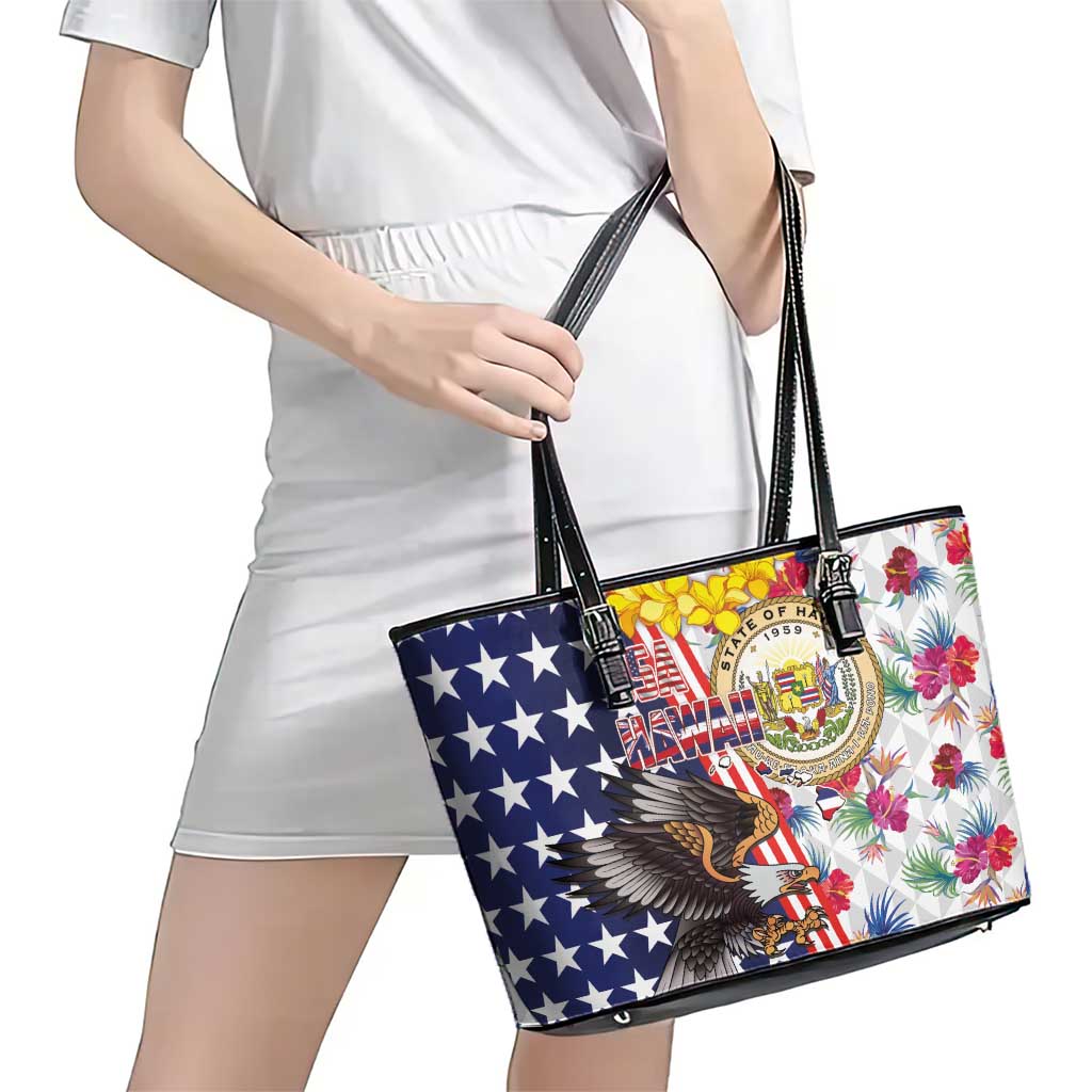 Hawaii and United States Together Leather Tote Bag Seal of Hawaii and Bald Eagle - Wonder Print Shop