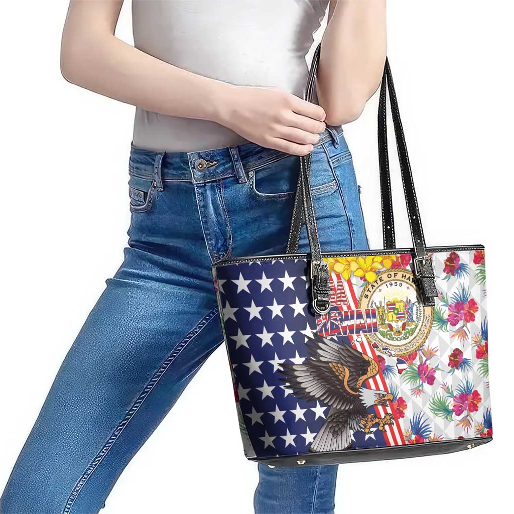 Hawaii and United States Together Leather Tote Bag Seal of Hawaii and Bald Eagle - Wonder Print Shop
