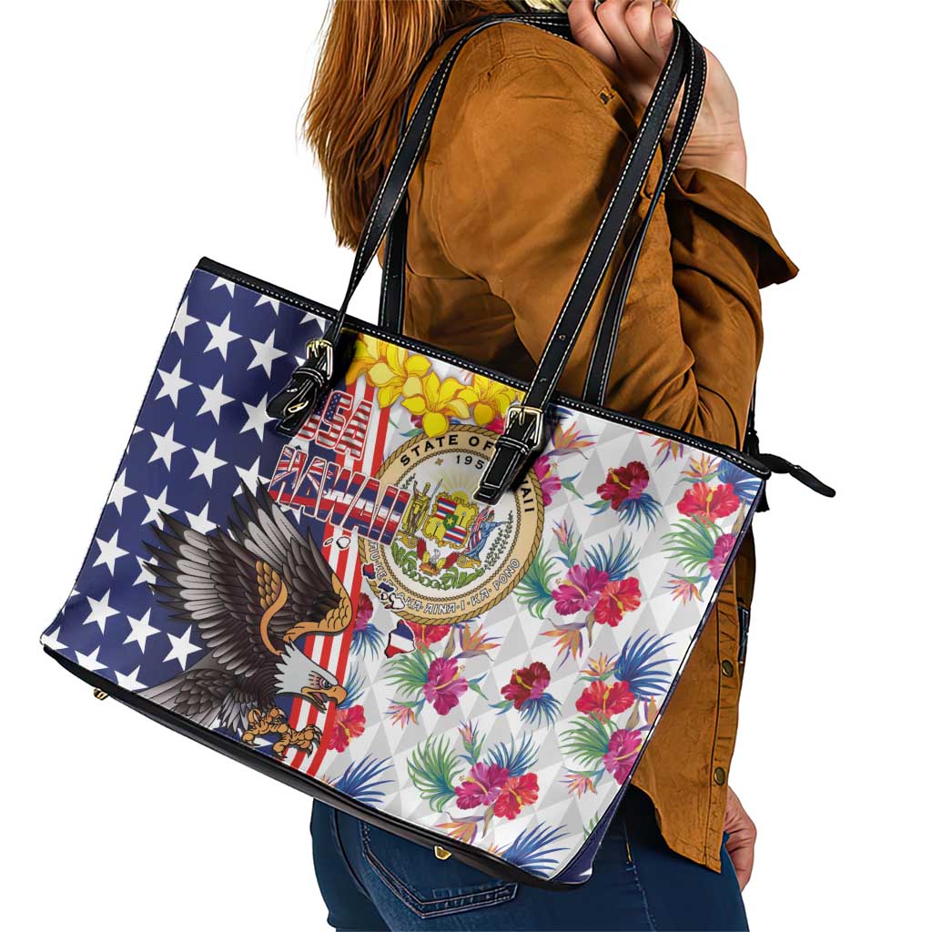 Hawaii and United States Together Leather Tote Bag Seal of Hawaii and Bald Eagle - Wonder Print Shop