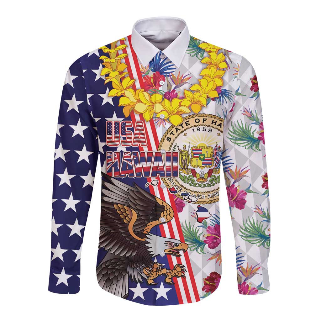 Hawaii and United States Together Long Sleeve Button Shirt Seal of Hawaii and Bald Eagle - Wonder Print Shop