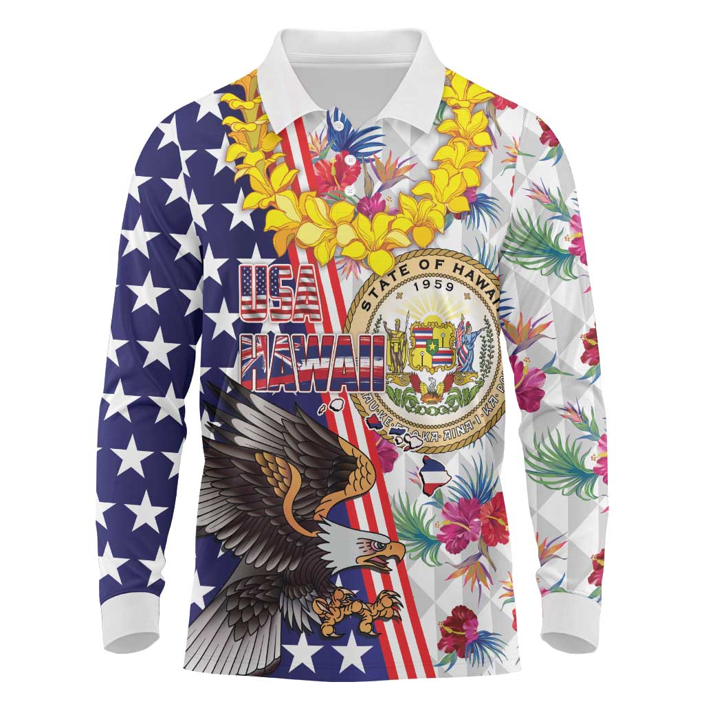 Hawaii and United States Together Long Sleeve Polo Shirt Seal of Hawaii and Bald Eagle - Wonder Print Shop