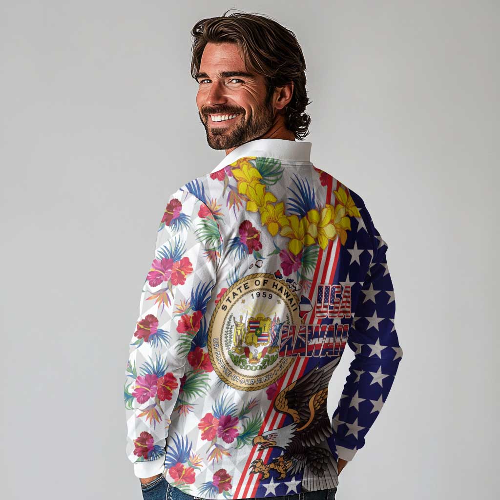 Hawaii and United States Together Long Sleeve Polo Shirt Seal of Hawaii and Bald Eagle - Wonder Print Shop