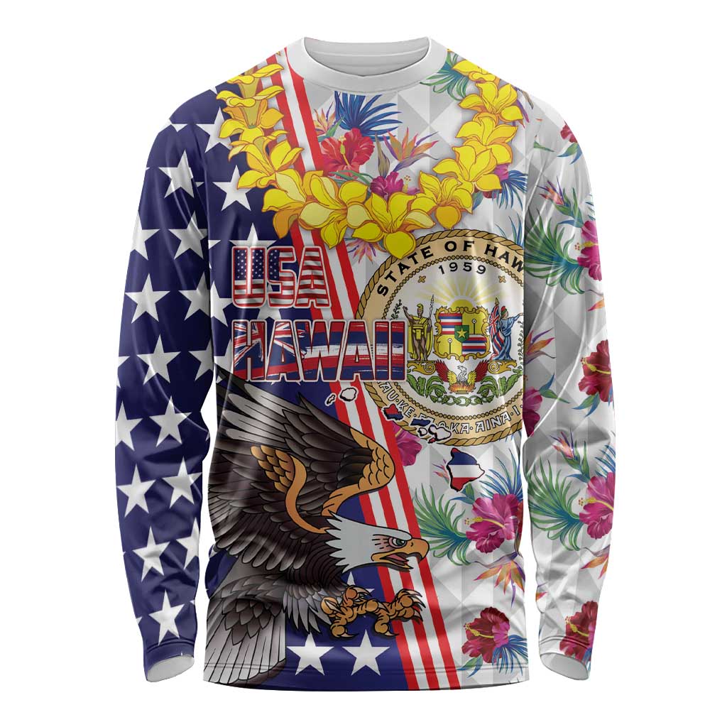 Hawaii and United States Together Long Sleeve Shirt Seal of Hawaii and Bald Eagle - Wonder Print Shop