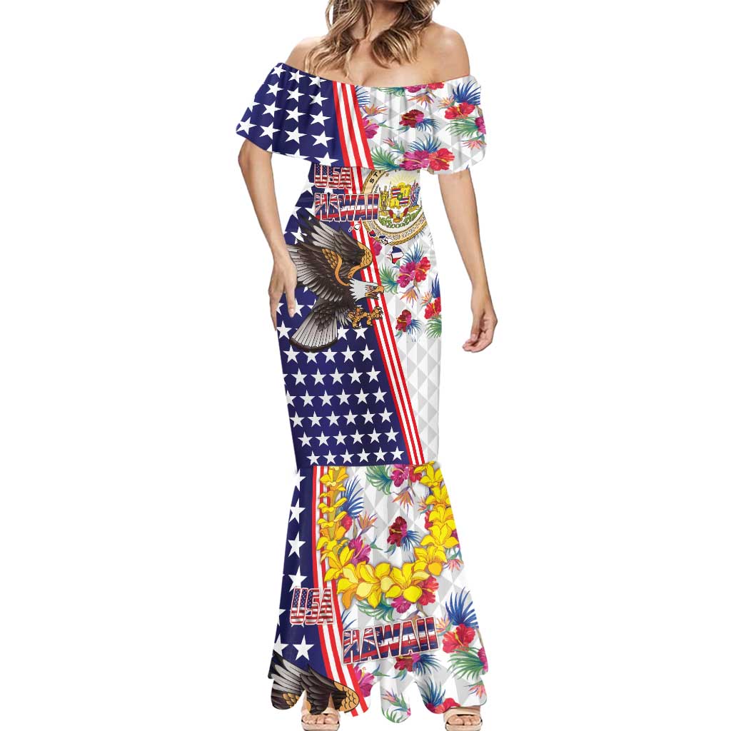 Hawaii and United States Together Mermaid Dress Seal of Hawaii and Bald Eagle - Wonder Print Shop