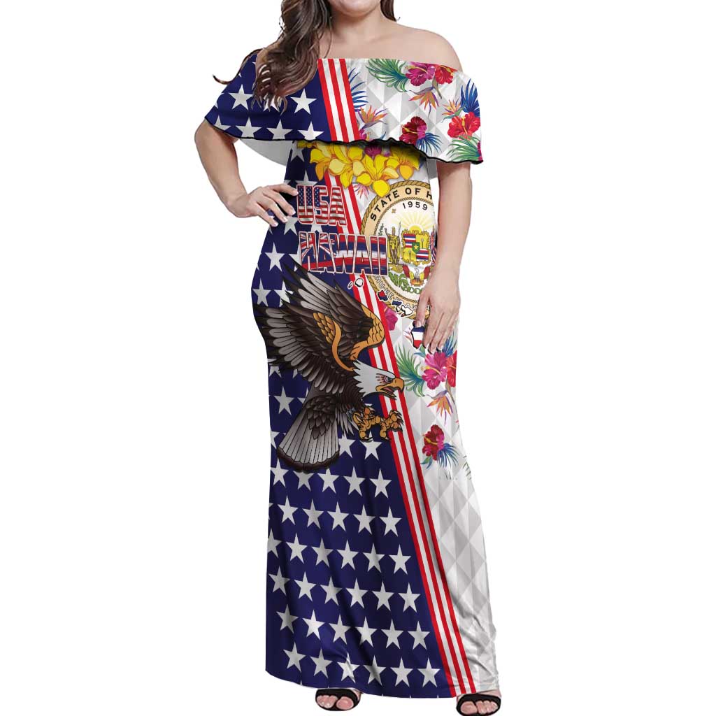 Hawaii and United States Together Off Shoulder Maxi Dress Seal of Hawaii and Bald Eagle - Wonder Print Shop