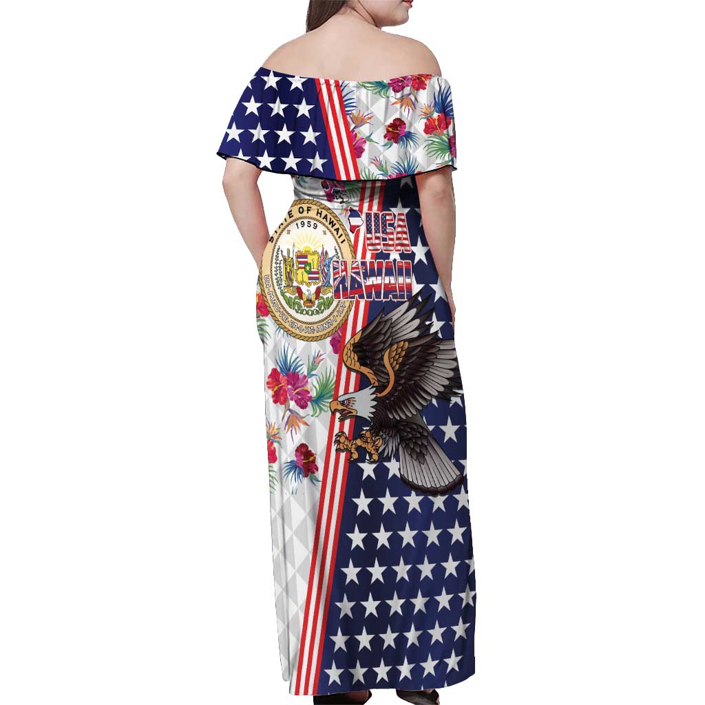 Hawaii and United States Together Off Shoulder Maxi Dress Seal of Hawaii and Bald Eagle - Wonder Print Shop