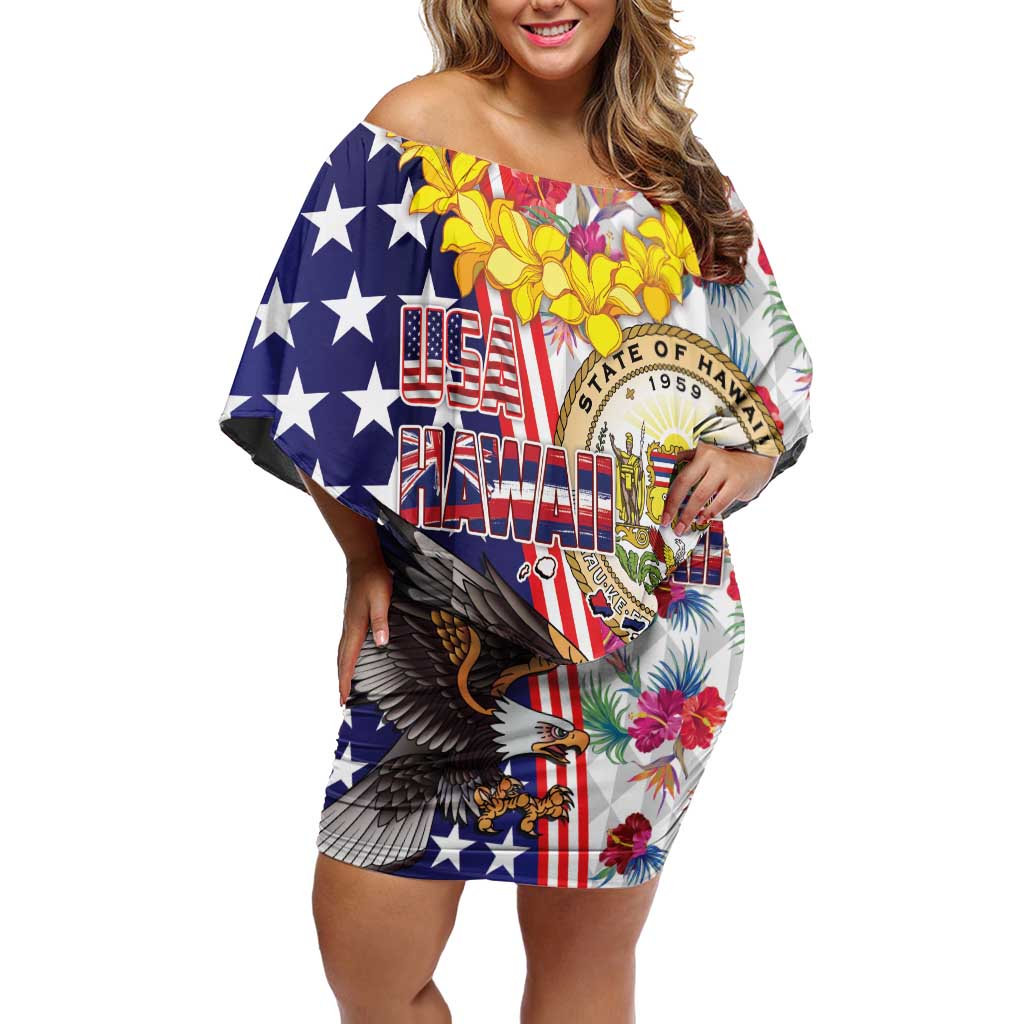Hawaii and United States Together Off Shoulder Short Dress Seal of Hawaii and Bald Eagle - Wonder Print Shop
