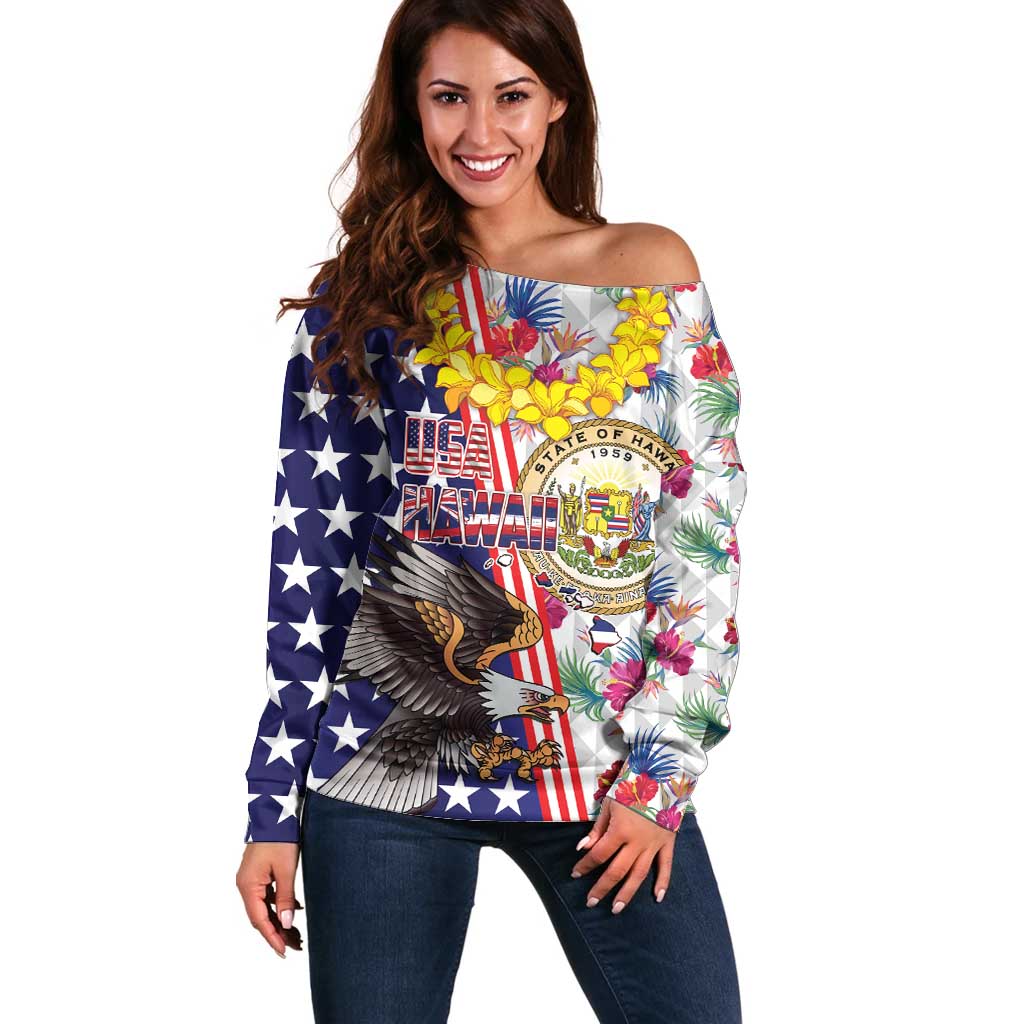 Hawaii and United States Together Off Shoulder Sweater Seal of Hawaii and Bald Eagle - Wonder Print Shop