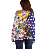 Hawaii and United States Together Off Shoulder Sweater Seal of Hawaii and Bald Eagle - Wonder Print Shop