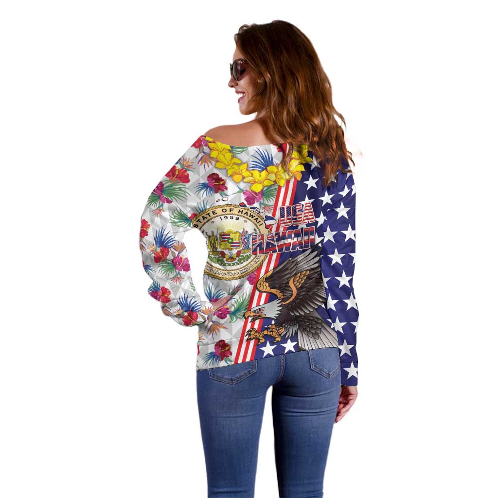 Hawaii and United States Together Off Shoulder Sweater Seal of Hawaii and Bald Eagle - Wonder Print Shop