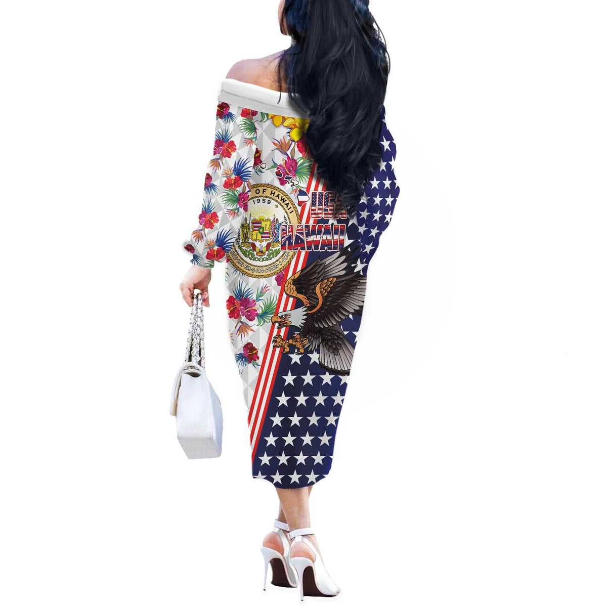 Hawaii and United States Together Off The Shoulder Long Sleeve Dress Seal of Hawaii and Bald Eagle - Wonder Print Shop