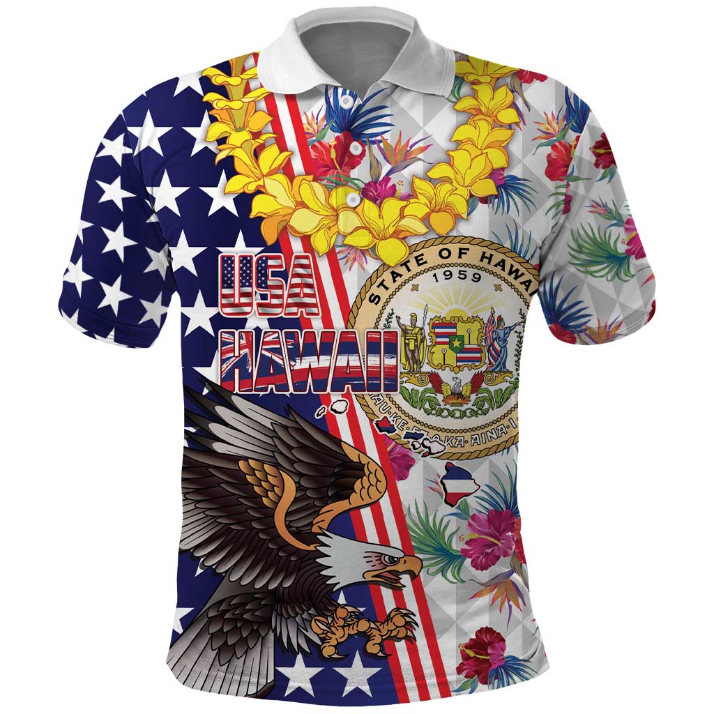 Hawaii and United States Together Polo Shirt Seal of Hawaii and Bald Eagle - Wonder Print Shop