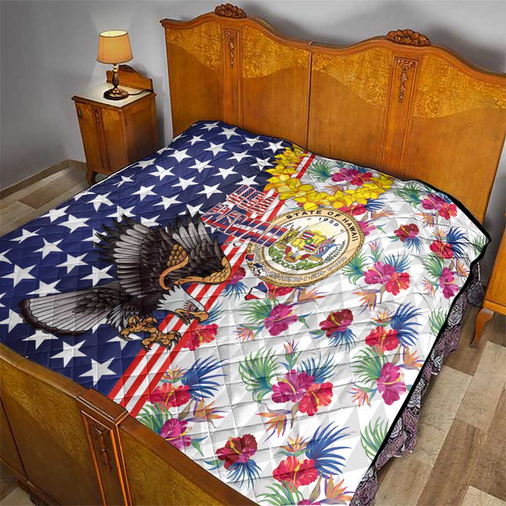 Hawaii and United States Together Quilt Seal of Hawaii and Bald Eagle - Wonder Print Shop