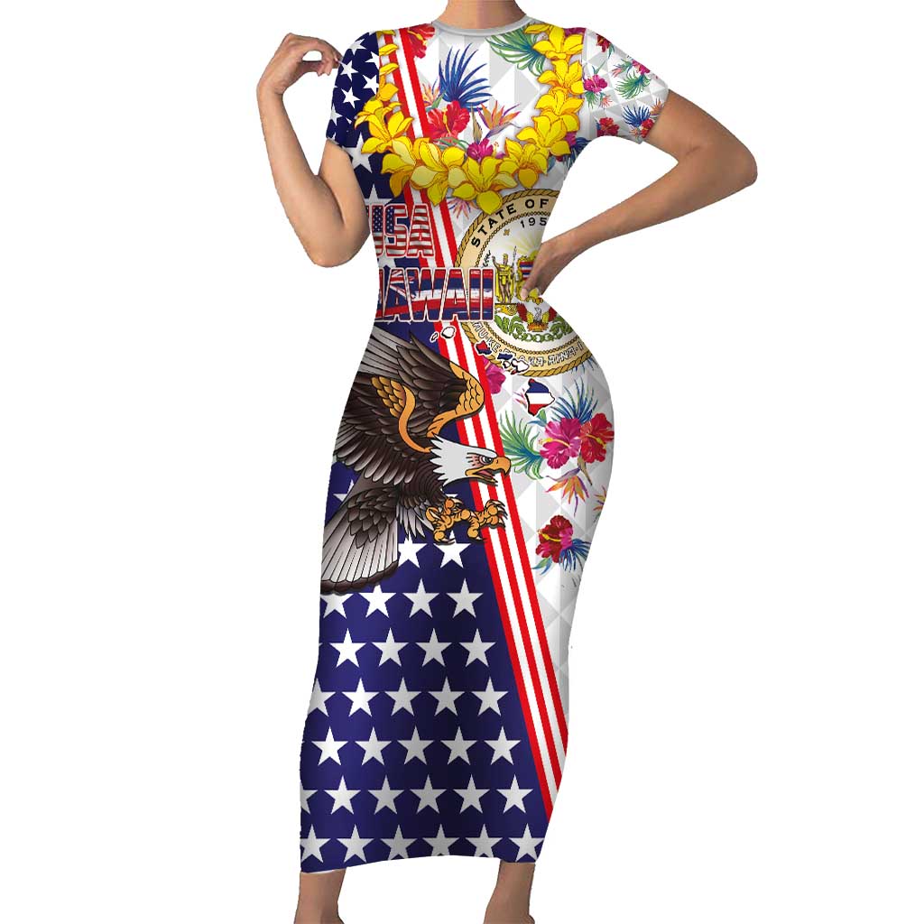Hawaii and United States Together Short Sleeve Bodycon Dress Seal of Hawaii and Bald Eagle - Wonder Print Shop
