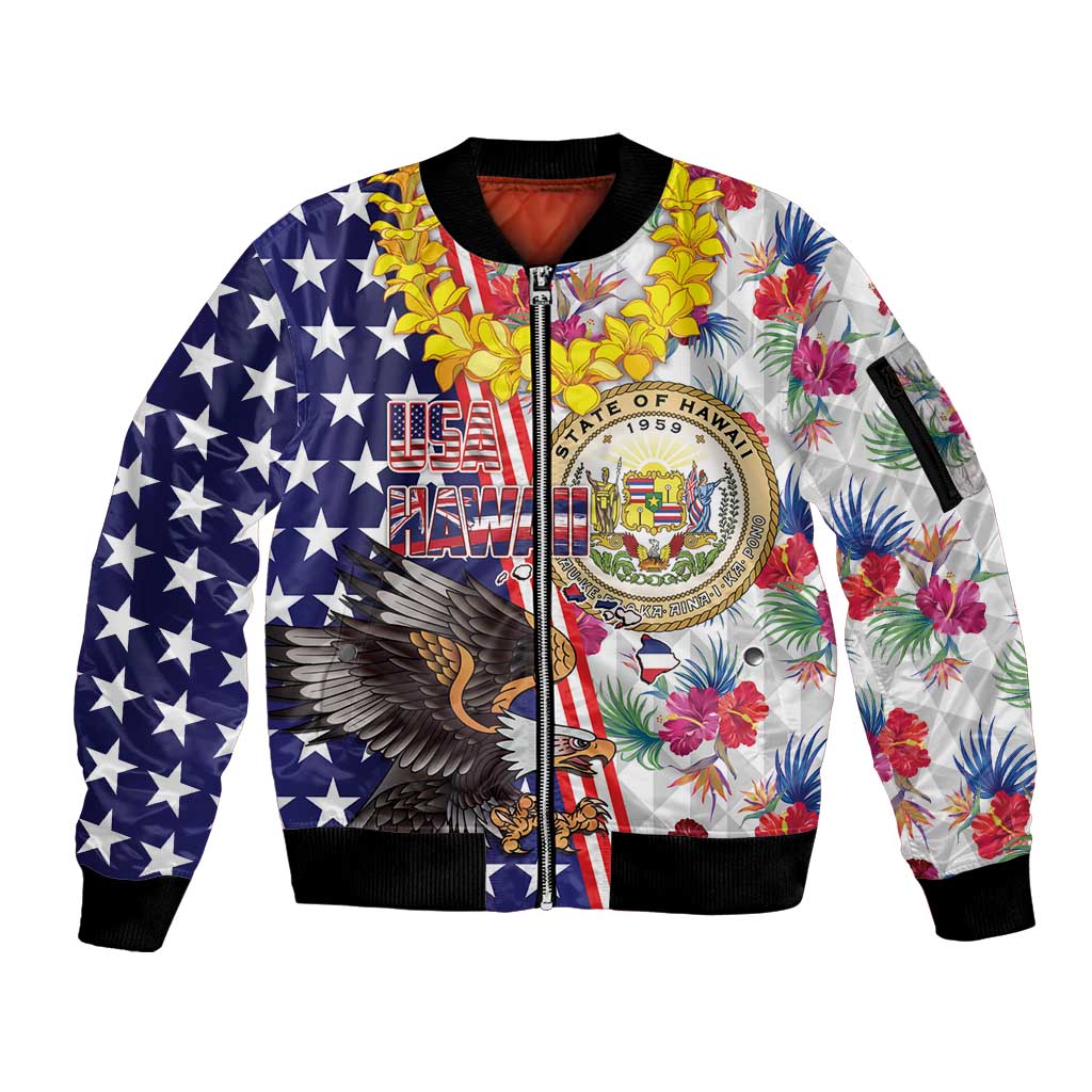 Hawaii and United States Together Sleeve Zip Bomber Jacket Seal of Hawaii and Bald Eagle - Wonder Print Shop