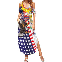 Hawaii and United States Together Summer Maxi Dress Seal of Hawaii and Bald Eagle - Wonder Print Shop