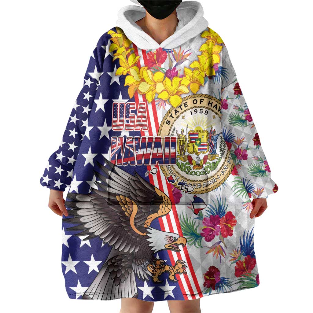 Hawaii and United States Together Wearable Blanket Hoodie Seal of Hawaii and Bald Eagle - Wonder Print Shop