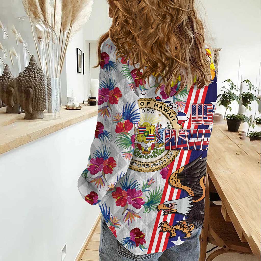 Hawaii and United States Together Women Casual Shirt Seal of Hawaii and Bald Eagle - Wonder Print Shop
