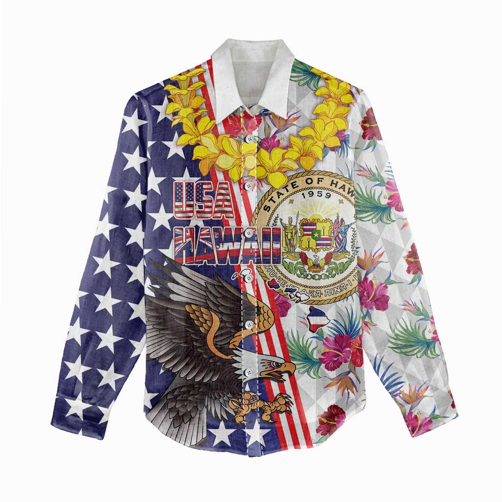 Hawaii and United States Together Women Casual Shirt Seal of Hawaii and Bald Eagle - Wonder Print Shop