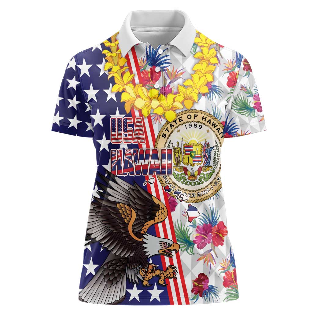 Hawaii and United States Together Women Polo Shirt Seal of Hawaii and Bald Eagle - Wonder Print Shop