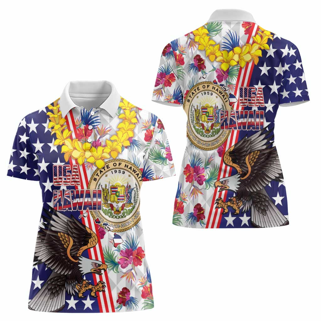 Hawaii and United States Together Women Polo Shirt Seal of Hawaii and Bald Eagle - Wonder Print Shop