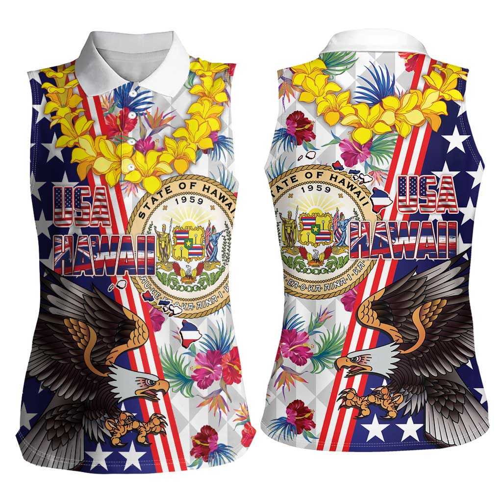 Hawaii and United States Together Women Sleeveless Polo Shirt Seal of Hawaii and Bald Eagle - Wonder Print Shop