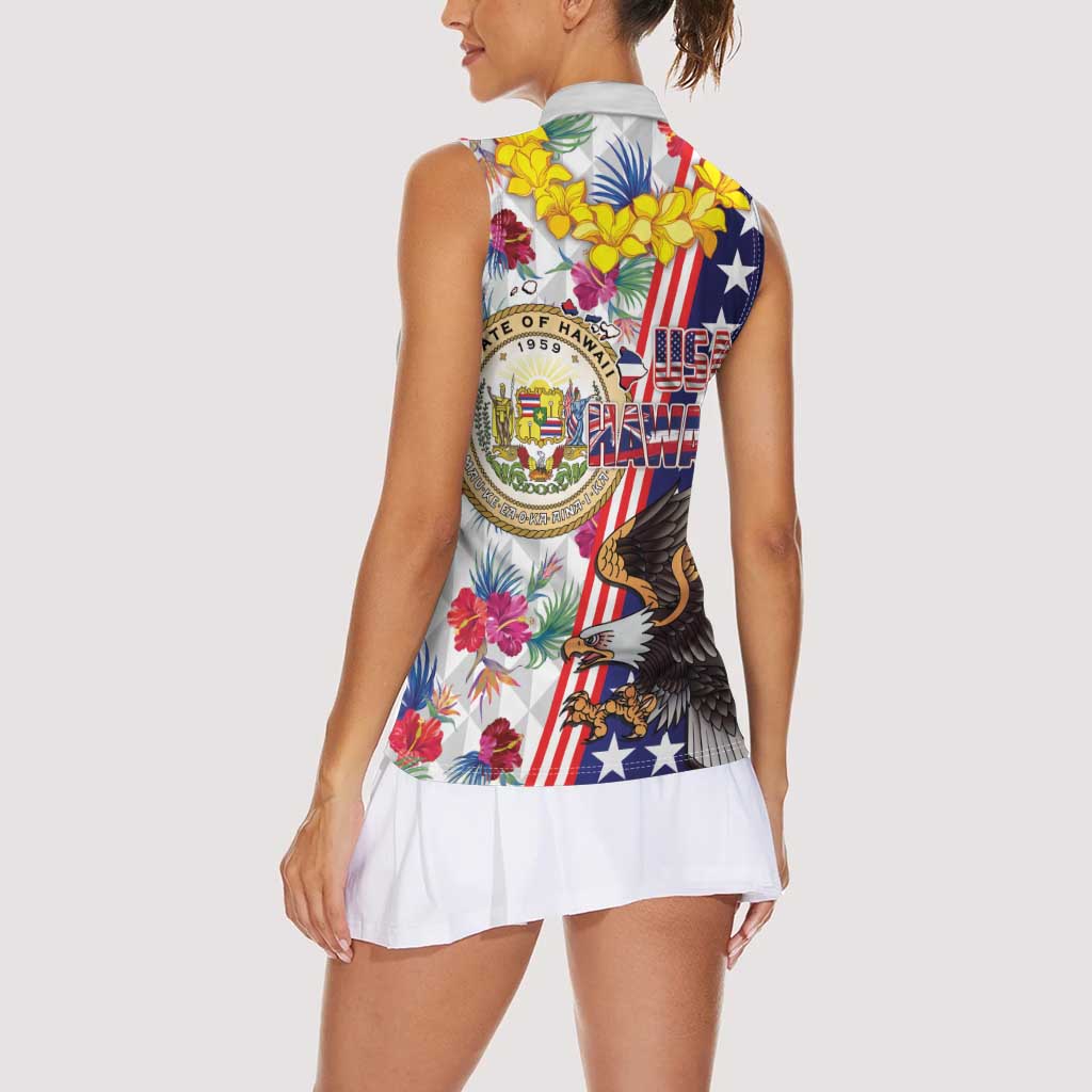 Hawaii and United States Together Women Sleeveless Polo Shirt Seal of Hawaii and Bald Eagle - Wonder Print Shop